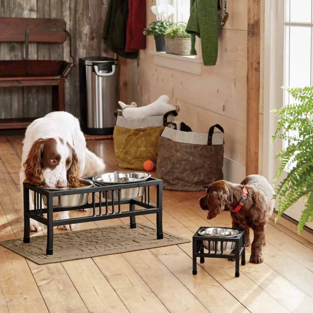 Orvis Bowls, Feeders & Food Storage | Black Steel Raised Double Feeder - Dogs