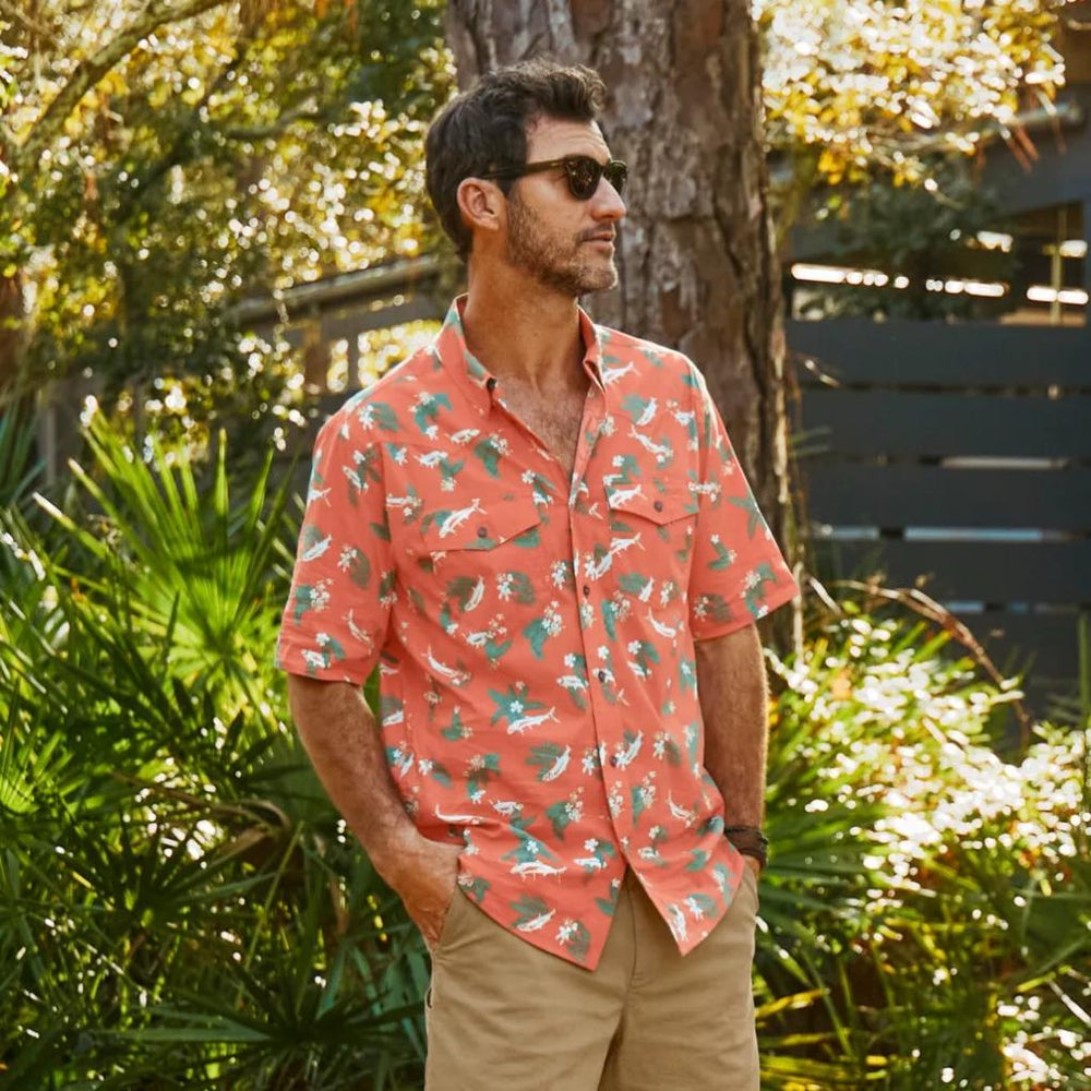 Orvis Button-Down Shirts | Men's River Guide Western Print Short-Sleeve Shirt 2.0 Papaya Tarpon - Men
