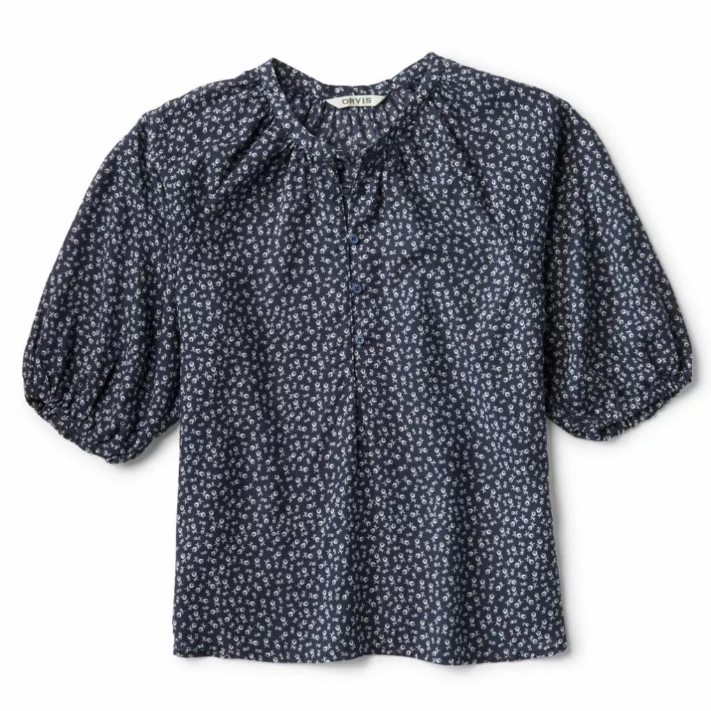 Orvis Shirts &amp; Tops | Lightweight Blouson-Sleeve Shirt Navy Ditsy Tulip - Women