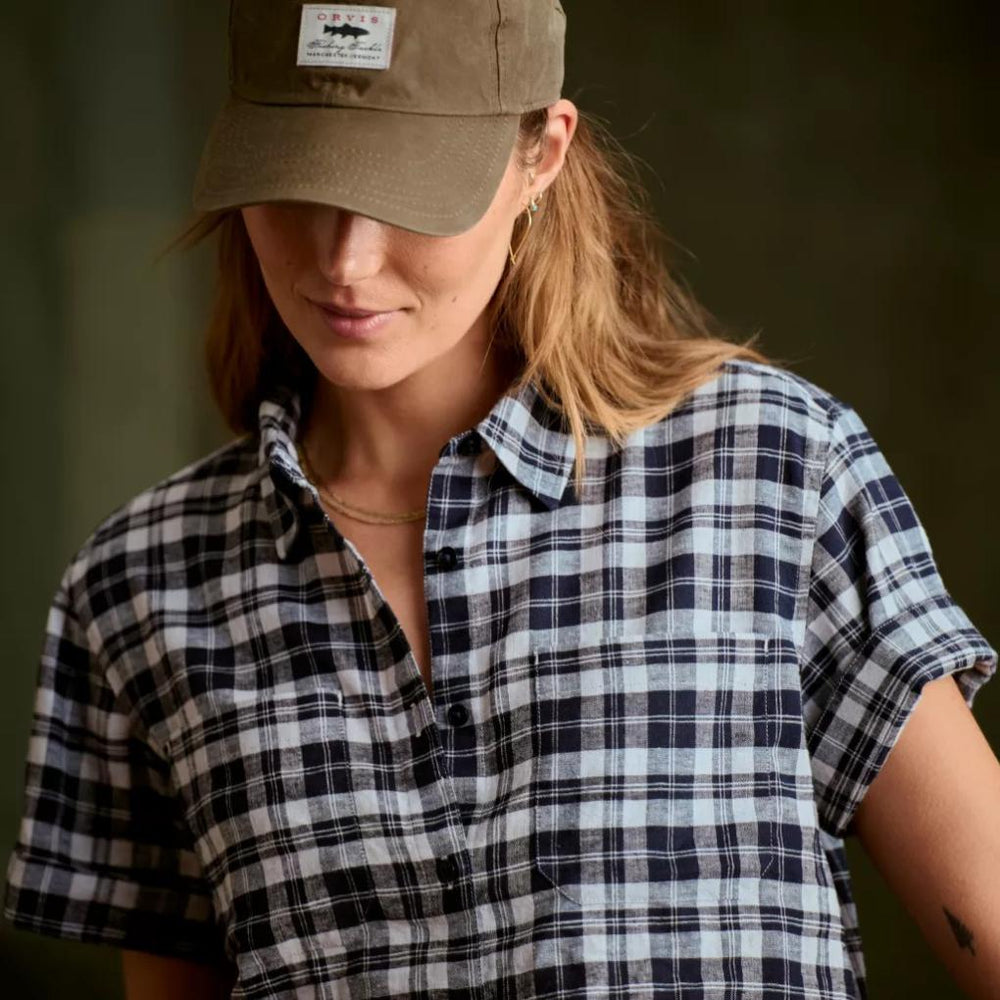 Orvis Shirts &amp; Tops | Performance Linen Short-Sleeve Camp Shirt Navy Plaid - Women