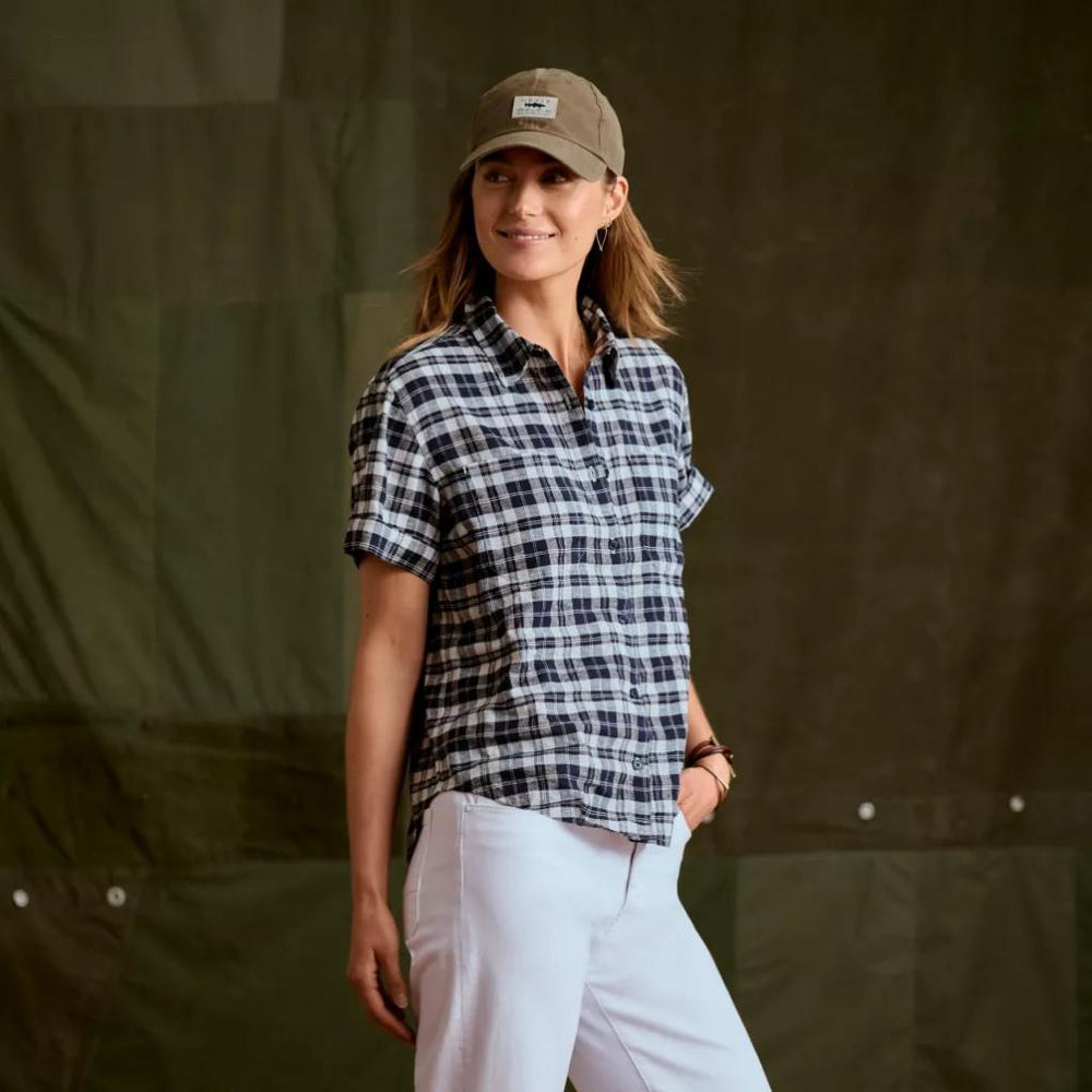 Orvis Shirts &amp; Tops | Performance Linen Short-Sleeve Camp Shirt Navy Plaid - Women