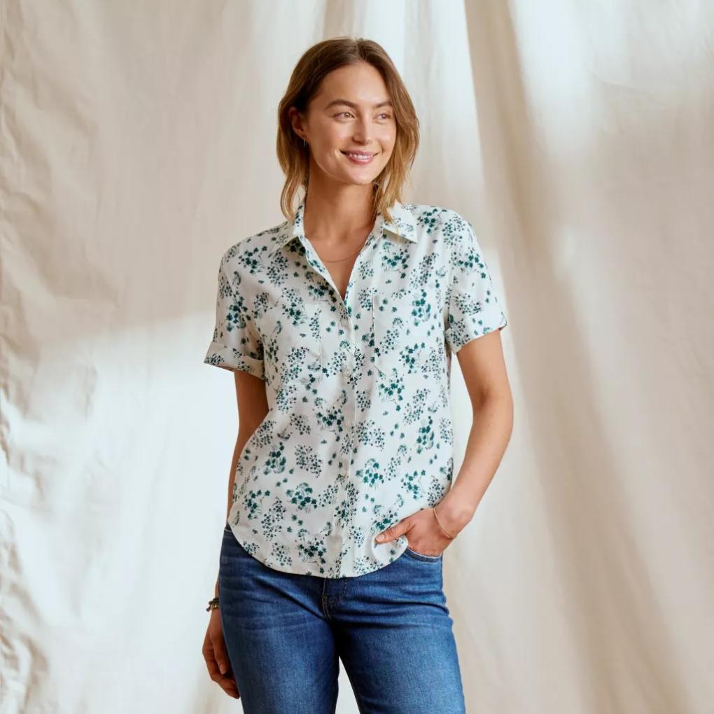 Orvis Shirts &amp; Tops | Washable Silk Short-Sleeve Camp Shirt Peacock Floating Floral - Women
