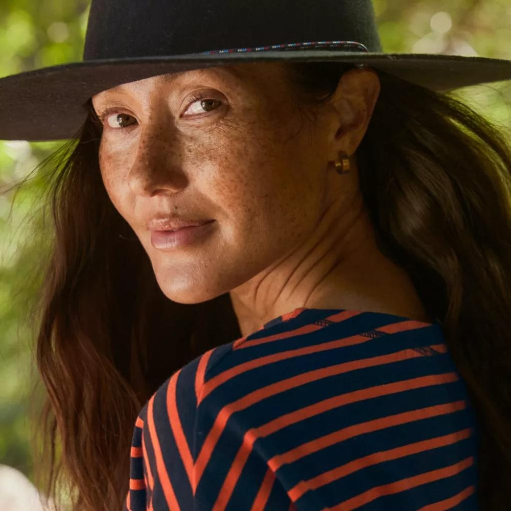 Orvis Tees | Heritage Striped 3/4-Sleeve Shirt True Navy/papaya Stripe - Women